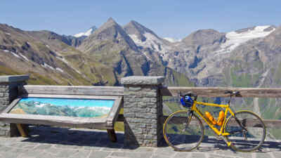 A bicycle in front of the mountain backdrop