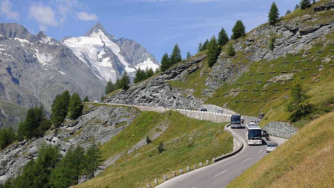 Buses drive on the Grossglockner High Alpine Road